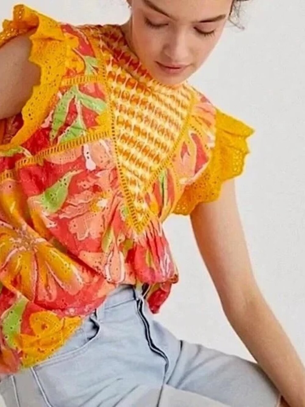 Anthropologie Verb by Pallavi Singhee Eyelet Lace Vibrant Floral Print Blouse M - Picture 3 of 15